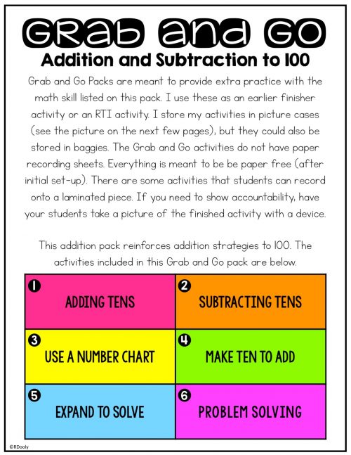 Grab and Go Math - Addition and Subtraction from 100 - The Teacher Bag